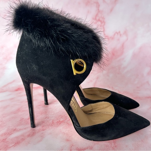 SALVATORE FERRAGAMO Francesca Mink Trim Suede Leather Pumps Black Sz 5.5 - Picture 5 of 16